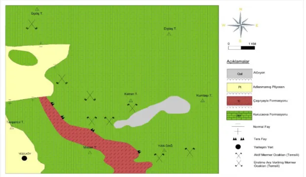 Şekil 2. Çalışma alanı ve yakın çevresinin jeoloji haritası (Şenel, 1997’den değiştirilerek)