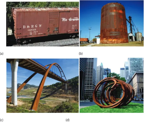Şekil 1. a) Yük vagonu örneği [1], b) Silo yapısı örneği [2], c) La Vicaria Arch Bridge (Albacate, İspanya, 2007) [3], d)  Four Indeterminate Lines (Arcs in Disorder, Exhibition Château de Versailles, Fransa, 2011) [3]