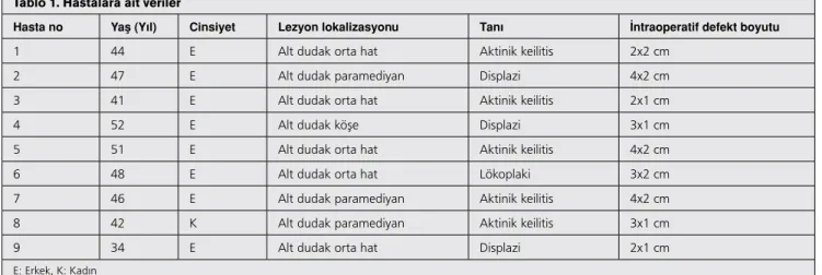 Tablo 1. Hastalara ait veriler