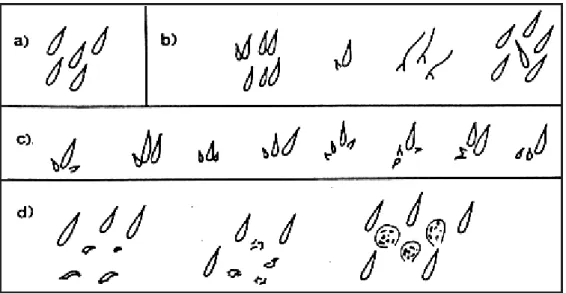 Şekil 2.4. Kanat trikomlarının görünümü a) normal b) farklılaşmış fakat ne flare ne de  mwh olarak sınıflandırılmayacak trikomlar c) mwh trikomlar d) flare genotipe  ait trikomlar 
