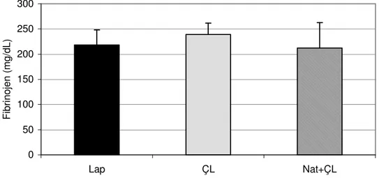 Şekil  4.7.  Yüksek  dozda  (6  mg/gün)  nattokinaz  uygulanarak  yapılan  deneyde  plazma  fibrinojen  düzeyleri ortalamaları ve standart hataları gösterilmiştir (n=9)