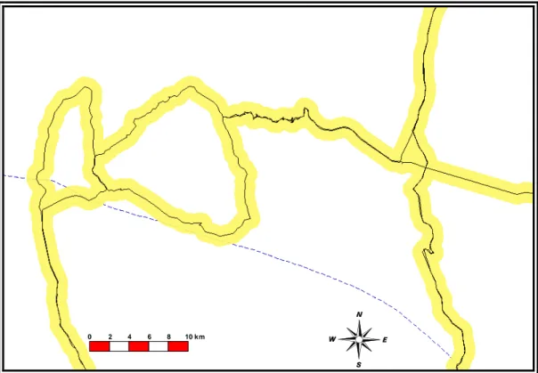 Şekil 3.11 Gidilen yolun sol ve sağ tarafına uygulanan 1000 m’lik tampon alan 