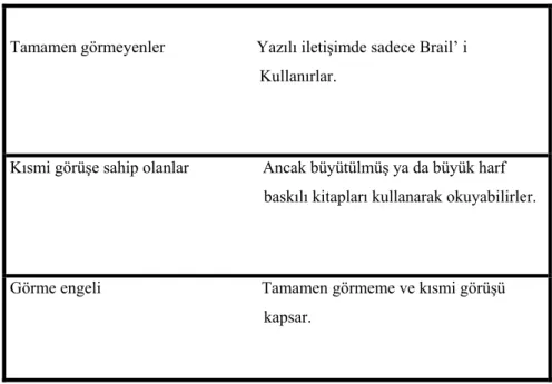 Çizelge 2.2. Görme Engelinin Okuma Yeteneğine Bağlı Olarak Sınıflandırması 