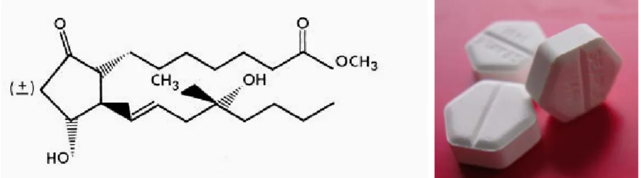 Şekil 2.4.5.1.1 A: Misoprostol’ün moleküler yapısı. B: Ticari biçimde satılan 200      mikrogramlık Misorpstol tabletleri.