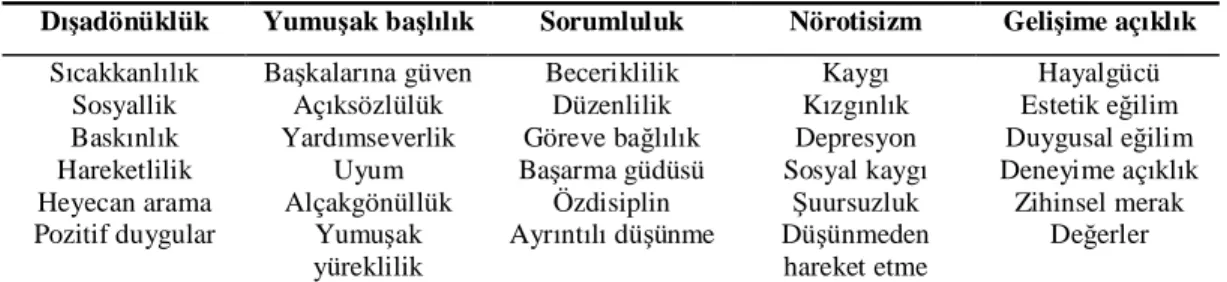 Tablo 2.2. Beş faktör kişilik boyutları 
