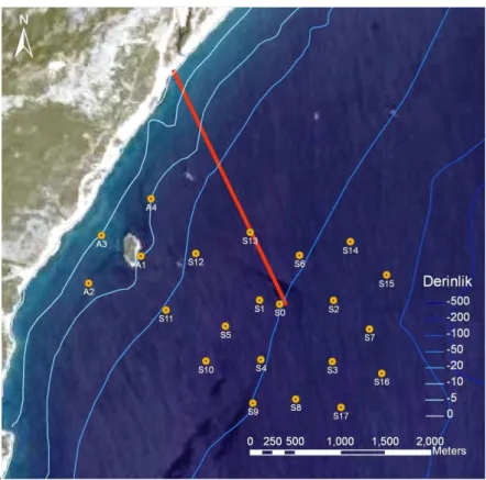 ġekil 3.6. Deniz deĢarj hattı ve örnekleme istasyonlarının lokasyonları (Ekim 2008) Örnekleme 