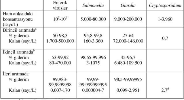 Çizelge 2.18. Aktif çamur atıksu arıtma tesisinde patojen giderimi (Henze vd 2008)  Enterik 