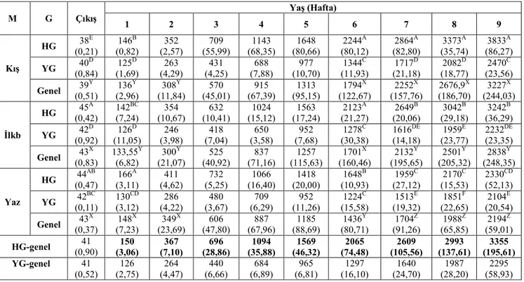 Çizelge 4.1.2. Farklı mevsimlerdeki ke sistemlerde, HG ve YG’lerin haftalık canlı ağırlık (g) ortalamaları ve standart hataları