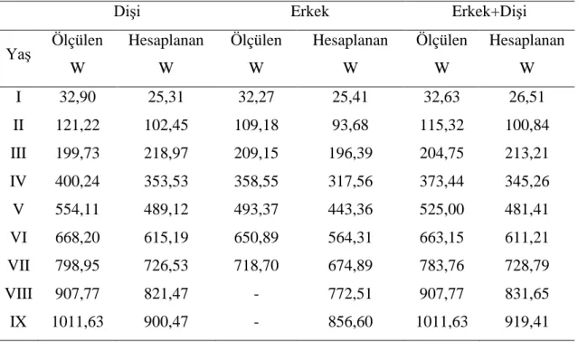 Çizelge 4.28. Kadife balığının eşeylere göre ağırlık olarak hesaplanan von Bertalanffy  büyüme parametre ve denklemleri  