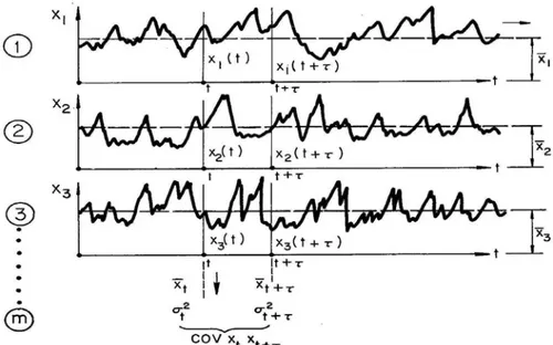 Şekil 2.8.  Stasyonerlik ve Ergodiklik tanımında kullanılan büyüklükler (Yevjevich  1972)