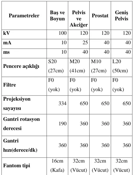 Çizelge 3.10. Üç boyutta hacimsel görüntüleme protokollerinde kullanılan fantom tipi 