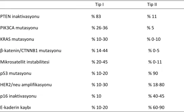 Tablo 2.7. Tip I ve Tip II Endometrial karsinomalarda genetik değiĢimler [37] 