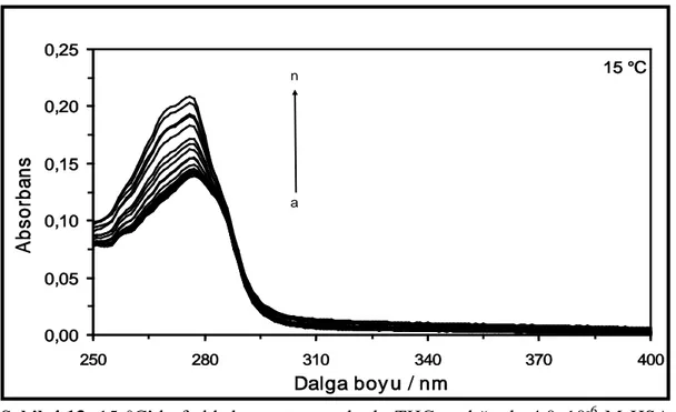Şekil 4.14. 25 °C’de farklı konsantrasyonlarda  THC varlığında 4,0x10 -6   M HSA  çözeltisinin absorpsiyon spektrumları