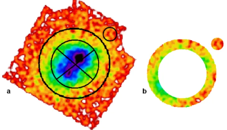 Şekil 3.5. a) A2572 galaksi kümesine ait tez çalışması için seçilen bölgelerden biri  (yarıçapı 4 /  – 6 /  aralığında) ve ardalan için seçilen bölge ve b) seçilen  bölgelerin haricindeki kısımların çıkarılmış hali görülmektedir 