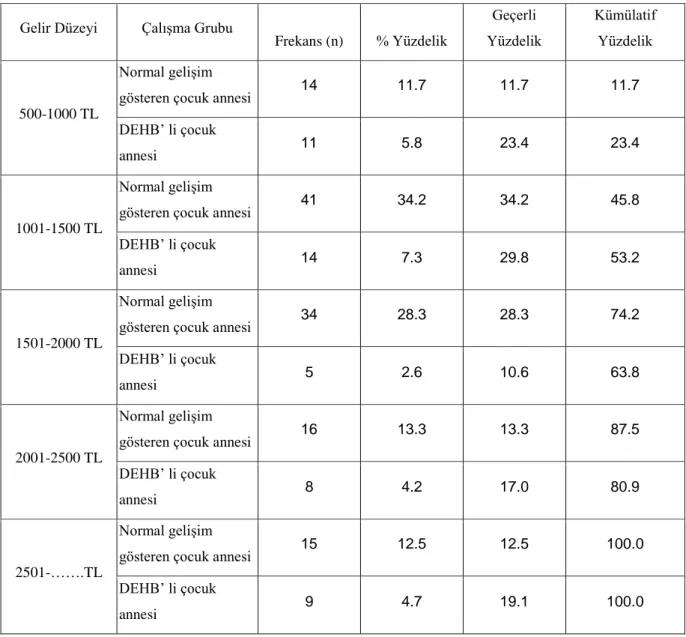 Tablo  4.3:  DEHB  Olan  Çocukların  Anneleri  ile  Normal  Gelişimi  Olan  Çocukların  Annelerinin Ekonomik Düzeyleri 