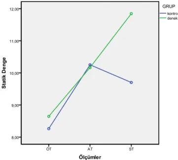 Şekil  4.9’da  da  görüldüğü  gibi  kontrol grubunun statik denge sonuçları  12  haftalık program sonunda hızlı bir artış, 12 haftadan sonra düşüş göstermiştir
