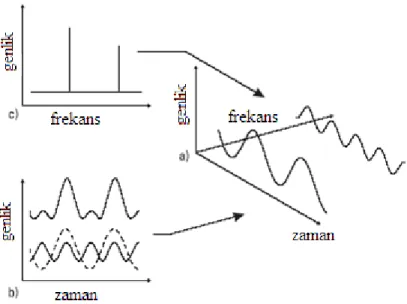 Şekil 2.14. Bazı temel sinyallerin frekans spektrumları (Namba ve Ishida  1998)               a) sinüs dalgası b) kare dalga c) sönümlü dalga d) dürtü 