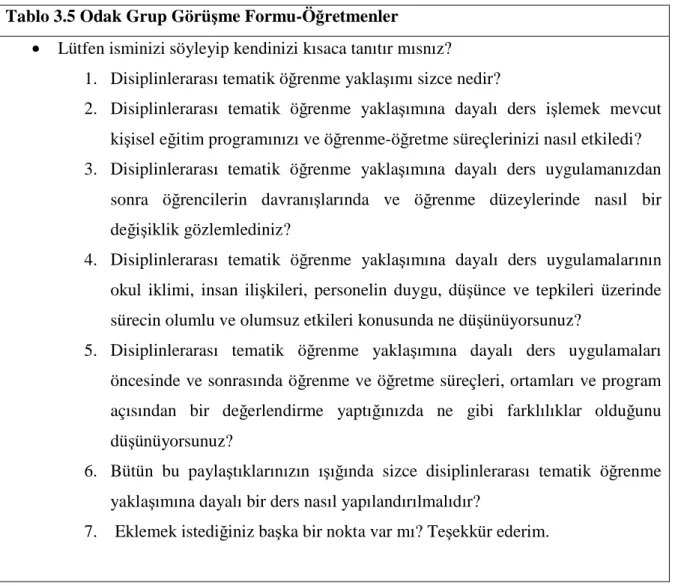 Tablo 3.5 Odak Grup Görüşme Formu-Öğretmenler 