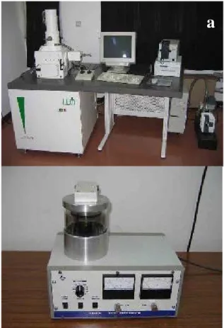 Şekil  3.5.  Akdeniz  Üniversitesi  Tıp  Fakültesi  bünyesinde  bulunan  Taramalı  Elektron  Mikroskobu (a) ve K aplama cihazı (b) 