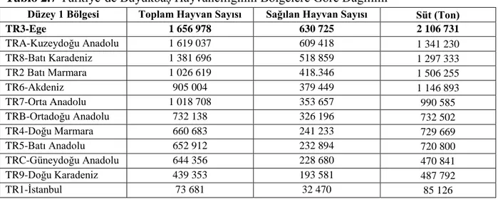 Tablo  2.7’de  görüldüğü  üzere,  Ege  Bölgesi  hem  hayvan  sayısı,  hem  de  süt  üretim  miktarı bakımından Türkiye’de en önemli bölgelerin baĢında gelmektedir