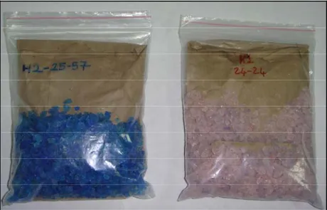 Şekil 2.8 Silika jeli değiştirilmiş bir örnek (mavi silika jelli, solda) ile silika jelinin  değiştirilme zamanı gelmiş olan bir örnek (pembe silika jelli, sağda) (Foto: 