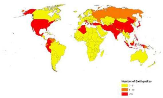 Şekil  2.11.  1974–2003  yılları  arasında  meydana  gelen  depremlerin  sayısal  ifadesi  (Uluslararası Afet Veri Tabanı)  
