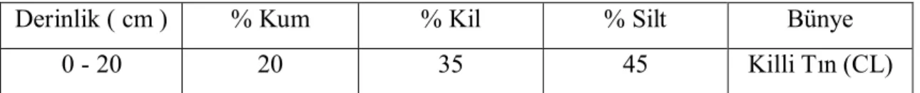 Çizelge 3.6. Denemenin yapıldığı parsellere ait nem içeriği  Derinlik ( cm )  Nem İçeriği ( % ) 
