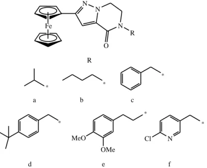 Şekil 1.11. 5-alkil-2-ferrosenil-6,7-dihidropirazol[1,5-a]pirazin-4(5H)-on türevleri 