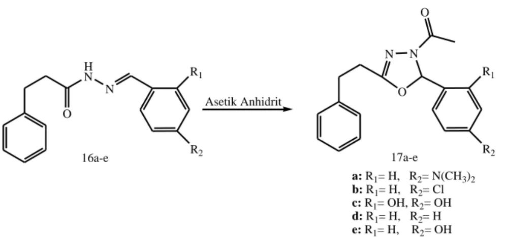 Şekil 1.19. 1-(2-aril-5-fenetil-1,3,4-oksadiazol-3(2H)-il)etanon (17a-e) türevlerinin   sentezi 