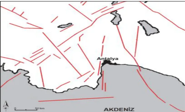 Şekil 1.11.  Antalya yöresinde aktif ve potansiyel aktif fay zonları            (Dipova ve Cangir 2011) 