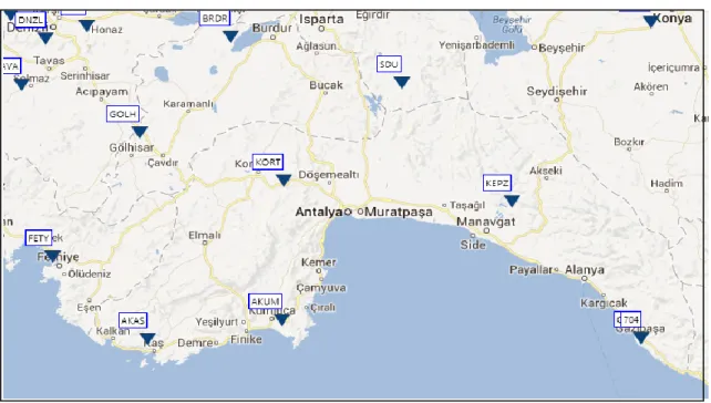 Şekil 1.15.  Antalya İli ve çevresindeki deprem ölçüm istasyon haritası                       (www.deprem.gov.tr) 