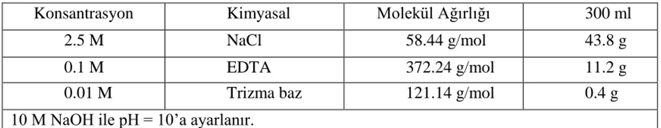 Çizelge 3.3. Lysis Solüsyonu Hazırlanırken Kullanılan Kimyasal Malzemeler 