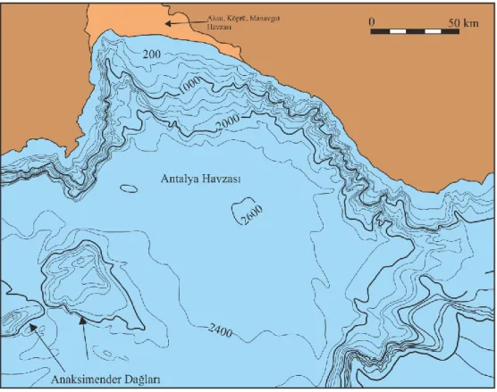 Şekil  3.10.  Antalya  Körfezi’nin  deniz  altı  morfolojisini  gösteren  batimetri  haritası  (İşler  vd  2005  değiştirilerek alınmıştır) 