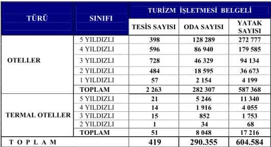 Tablo 1.1 2013 Yılı İtibariyle Türkiye’deki Turizm İşletme Belgeli Konaklama Tesis  Türleri-Yatak Sayıları 