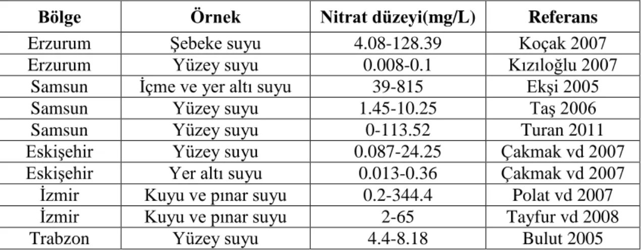 Çizelge  2.8.  Farklı  bölgelerde  sulardaki  nitrat  düzeyi  ile  ilgili  son  10  yılda  yapılmış  çalışmalar 