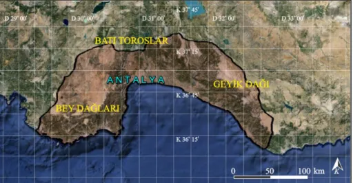 Şekil 1.3. Antalya  İli’nin  coğrafi  koordinatlarını  gösteren  uydu  görüntüsü  (10/04/2013  tarihli uydu fotoğrafı, Google Earth) 