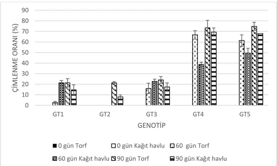 Şekil 4.2. Katlama Sürelerinin ve çimlendirme ortamlarının  C. australis genotiplerinin  çimlenme oranları üzerindeki etkileri 