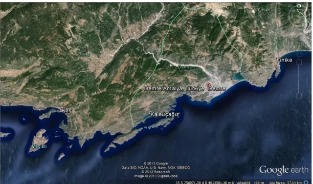 Şekil 3.1. Demre ilçesi sınırlarının uydu görüntüsü 