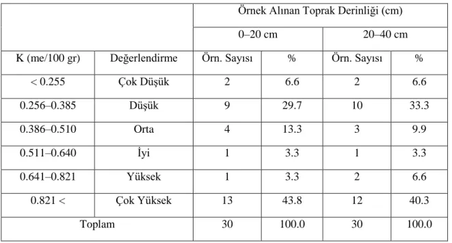 Çizelge  4.8.  Antalya  ilinin  Elmalı  ilçesindeki  seraların  toprak  örneklerinin  değişebilir  potasyum kapsamlarına göre sınıflandırılması  