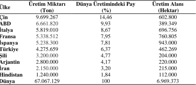 Çizelge 1.3. Dünya’ nın en büyük üzüm üreticisi on ülkesinin üretim miktarları, Dünya  üretimindeki payları ve üretim alanları (Anonim 2012-b) 