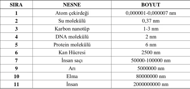 Çizelge 2.1. Nano düzeyde boyutlar (1 nm = 10 -9  m ) 