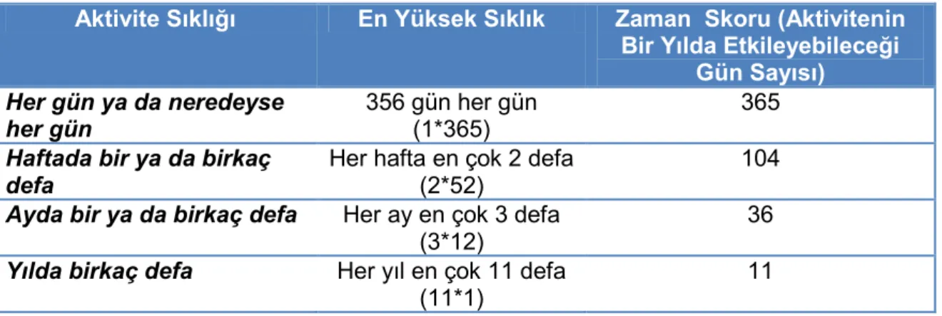 Çizelge 3.3. Aktivite Zaman Skor Tablosu. 