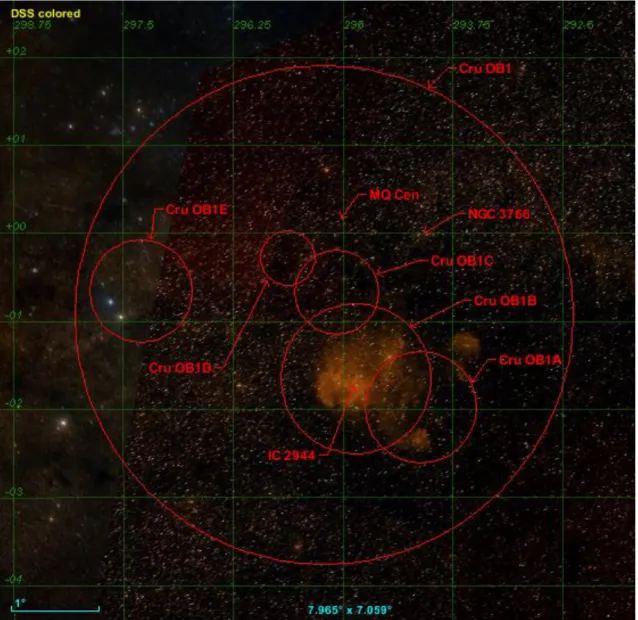 ġekil 2.4. Crux OB1 oymağı ile alt gruplarının ALADIN programı (Bonnarel vd 2000)  kullanılarak çizdirilmiĢ galaktik konum ve sınırları 