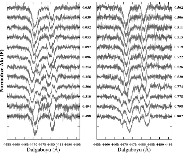 ġekil 3.3. MQ Cen sisteminin 4471Å (He I) ve 4481Å (Mg II) çizgilerine ait 0 ile 0.5  arasında  evreye  göre  sıralı  tayfları  (solda),  0.5  ile  1.0  arasında  evreye  göre  sıralı  tayfları  (sağda),  tayfların  gözlendiği  evreler  panellerin  sağ  ke