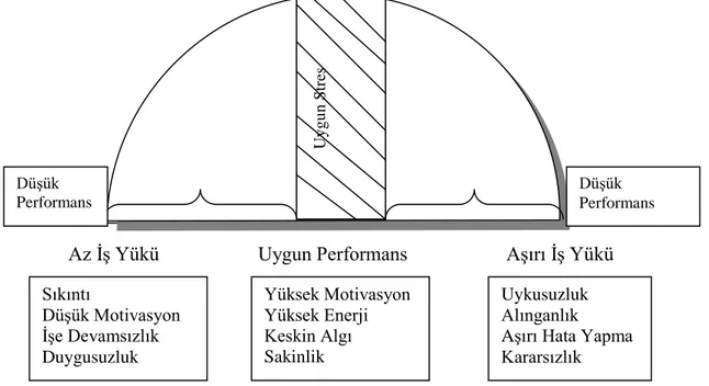 Şekil 1.2 Aşırı\Az İş Yükü- Stres Arasındaki İlişki  (Kaynak: Artan, 1986, s.74) Uygun Stres Sıkıntı Düşük Motivasyon İşe Devamsızlık Duygusuzluk Yüksek Motivasyon Yüksek Enerji Keskin Algı Sakinlik  Uykusuzluk Alınganlık  Aşırı Hata Yapma Kararsızlık Düşü