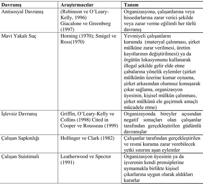 Tablo 2.1 Örgüte Zararlı Davranışlara Yönelik Tanımlamalar 