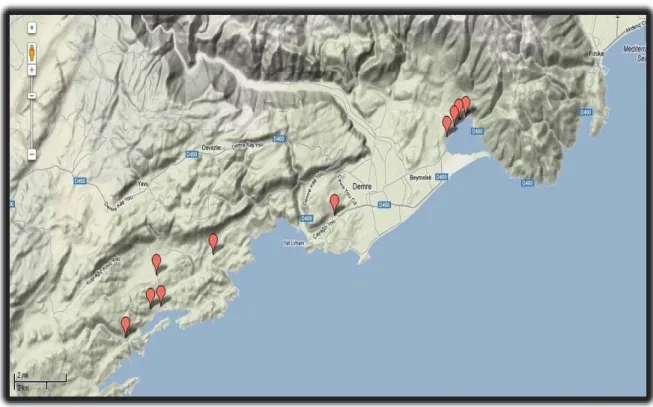 Şekil 3.3. Demre ilçesinde doğal olarak yetişmiş bitki örneklerinin alındığı yerler 