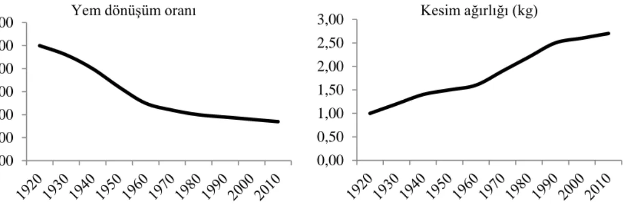 Şekil 2.1. Etlik piliçlerde yıllara göre  yemden yararlanma oranları ve kesim ağırlıkları  (Thiruvenkadan vd 2011)