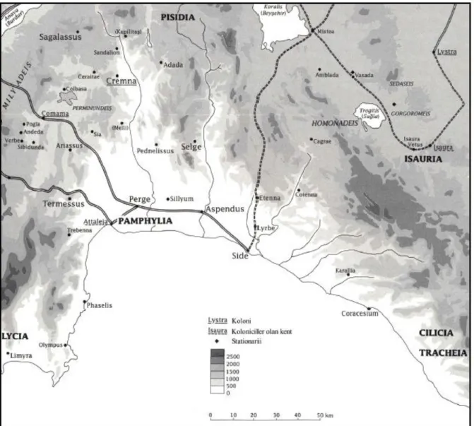 Şekil 2.1 Pamphylia ve Komşu Bölgeleri Haritası 