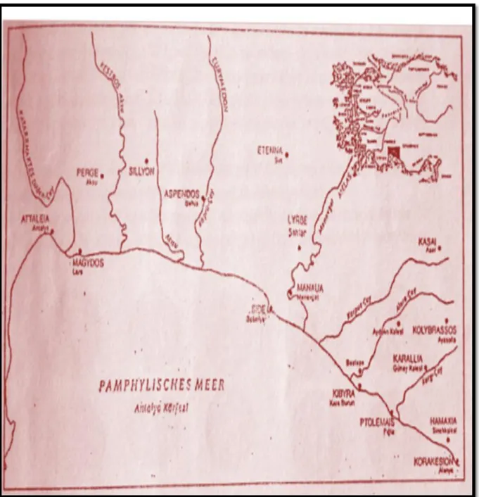 Şekil 2.3 Merkezi ve Doğu Pamphylia’nın Haritası (Kaleler) 